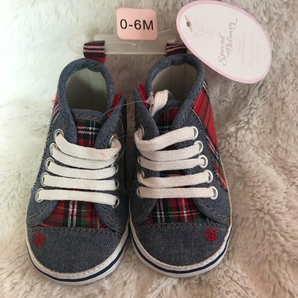 Plaid and denim booties 0-6 months